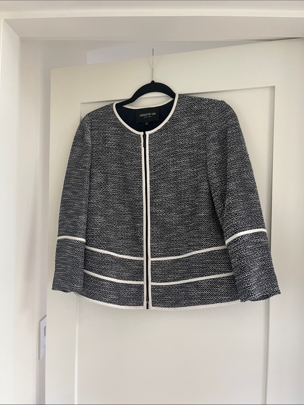 Lafayette 148 Blue & White Tweed Collarless Zip Jacket
